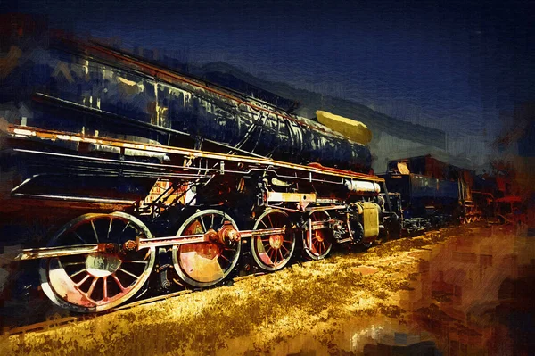 Steam Locomotive Drives Desert Art Illustration Drawing Sketch Antique Retro — Stock Photo, Image