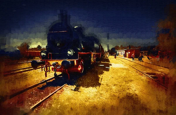 Locomotiva Vapore Guida Attraverso Deserto Arte Illustrazione Disegno Schizzo Antico — Foto Stock