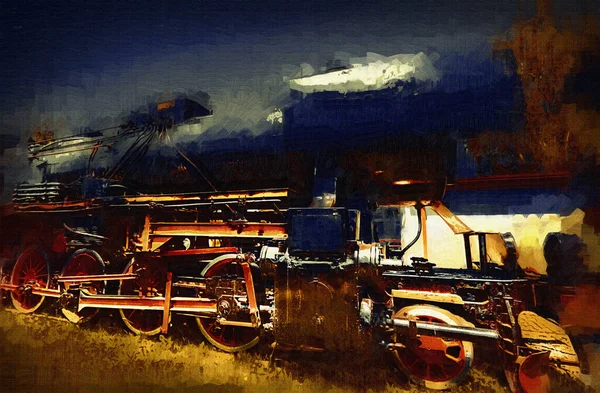 蒸気機関車は砂漠をドライブ アート イラスト スケッチ アンティーク レトロ ヴィンテージ — ストック写真