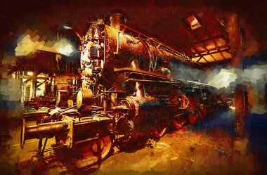 Buharlı lokomotif ayrıntıları krank ve tekerlekler, sanat, illüstrasyon, çizim, eskiz, antika, retro, vintage.