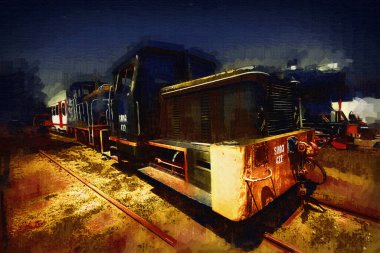 Eski dar ölçü demiryolu motoru, sanat, illüstrasyon, çizim, eskiz, antika, antika, antika.