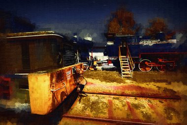 Eski dar ölçü demiryolu motoru, sanat, illüstrasyon, çizim, eskiz, antika, antika, antika.