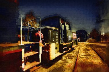 Eski dar ölçü demiryolu motoru, sanat, illüstrasyon, çizim, eskiz, antika, antika, antika.