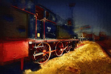 Eski dar ölçü demiryolu motoru, sanat, illüstrasyon, çizim, eskiz, antika, antika, antika.