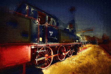 Eski dar ölçü demiryolu motoru, sanat, illüstrasyon, çizim, eskiz, antika, antika, antika.