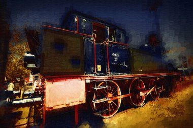 Eski dar ölçü demiryolu motoru, sanat, illüstrasyon, çizim, eskiz, antika, antika, antika.