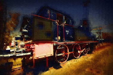 Eski dar ölçü demiryolu motoru, sanat, illüstrasyon, çizim, eskiz, antika, antika, antika.