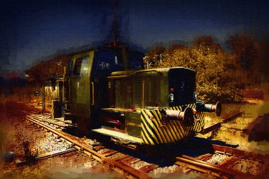 Eski dar ölçü demiryolu motoru, sanat, illüstrasyon, çizim, eskiz, antika, antika, antika.