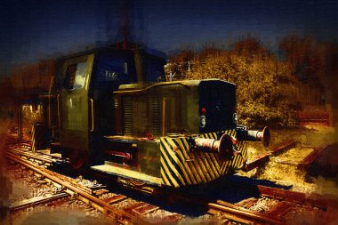 Eski dar ölçü demiryolu motoru, sanat, illüstrasyon, çizim, eskiz, antika, antika, antika.