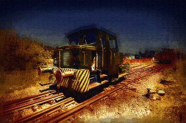 Eski dar ölçü demiryolu motoru, sanat, illüstrasyon, çizim, eskiz, antika, antika, antika.