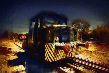 Eski dar ölçü demiryolu motoru, sanat, illüstrasyon, çizim, eskiz, antika, antika, antika.