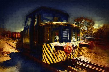 Eski dar ölçü demiryolu motoru, sanat, illüstrasyon, çizim, eskiz, antika, antika, antika.