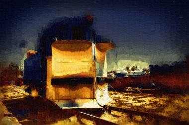 Eski dar ölçü demiryolu motoru, sanat, illüstrasyon, çizim, eskiz, antika, antika, antika.