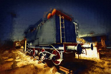 Eski dar ölçü demiryolu motoru, sanat, illüstrasyon, çizim, eskiz, antika, antika, antika.