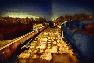 Eski dar ölçü demiryolu motoru, sanat, illüstrasyon, çizim, eskiz, antika, antika, antika.