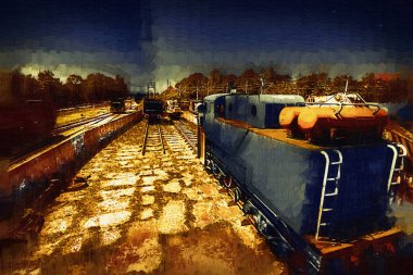 Eski dar ölçü demiryolu motoru, sanat, illüstrasyon, çizim, eskiz, antika, antika, antika.