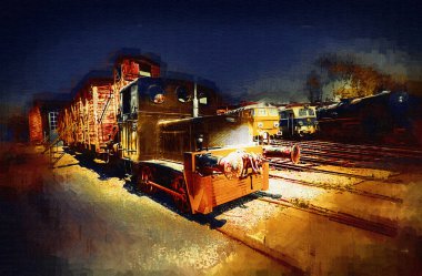 Eski dar ölçü demiryolu motoru, sanat, illüstrasyon, çizim, eskiz, antika, antika, antika.