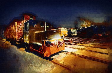 Eski dar ölçü demiryolu motoru, sanat, illüstrasyon, çizim, eskiz, antika, antika, antika.