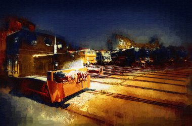 Eski dar ölçü demiryolu motoru, sanat, illüstrasyon, çizim, eskiz, antika, antika, antika.