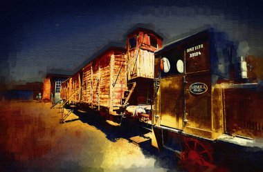 Eski dar ölçü demiryolu motoru, sanat, illüstrasyon, çizim, eskiz, antika, antika, antika.