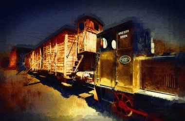 Eski dar ölçü demiryolu motoru, sanat, illüstrasyon, çizim, eskiz, antika, antika, antika.