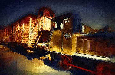 Eski dar ölçü demiryolu motoru, sanat, illüstrasyon, çizim, eskiz, antika, antika, antika.