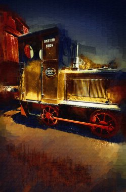 Eski dar ölçü demiryolu motoru, sanat, illüstrasyon, çizim, eskiz, antika, antika, antika.