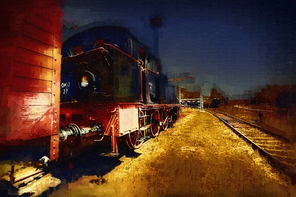 Eski dar ölçü demiryolu motoru, sanat, illüstrasyon, çizim, eskiz, antika, antika, antika.