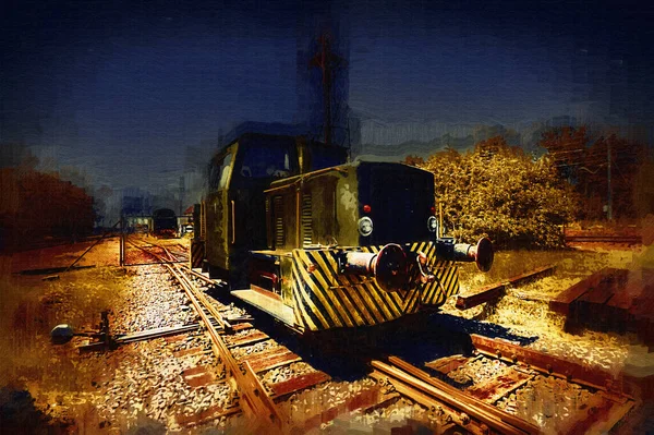 Vecchio Motore Ferroviario Scartamento Ridotto Arte Illustrazione Disegno Schizzo Antico — Foto Stock