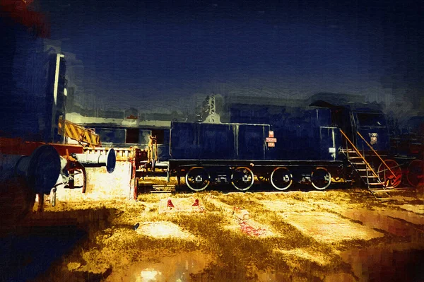 Eski Dar Ölçü Demiryolu Motoru Sanat Illüstrasyon Çizim Eskiz Antika — Stok fotoğraf