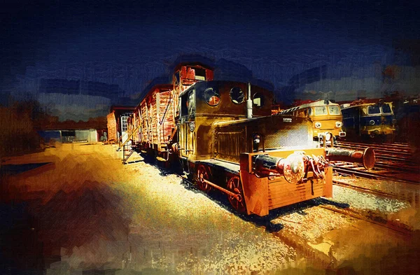 Eski Dar Ölçü Demiryolu Motoru Sanat Illüstrasyon Çizim Eskiz Antika — Stok fotoğraf
