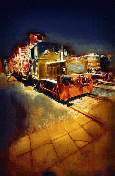 Antiguo Motor Ferroviario Vía Estrecha Arte Ilustración Dibujo Boceto Antiguo —  Fotos de Stock