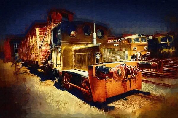 古い狭軌鉄道エンジン アート イラスト スケッチ アンティーク レトロ ヴィンテージ — ストック写真