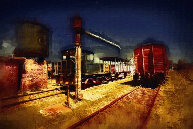 Eski tren vagonu, tren, sanat, illüstrasyon, çizim, eskiz, antika, antika, antika.