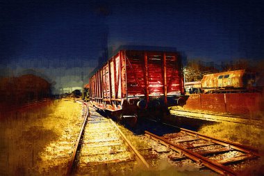 Eski tren vagonu, tren, sanat, illüstrasyon, çizim, eskiz, antika, antika, antika.