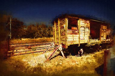 Eski tren vagonu, tren, sanat, illüstrasyon, çizim, eskiz, antika, antika, antika.