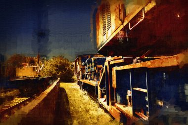 Eski tren vagonu, tren, sanat, illüstrasyon, çizim, eskiz, antika, antika, antika.