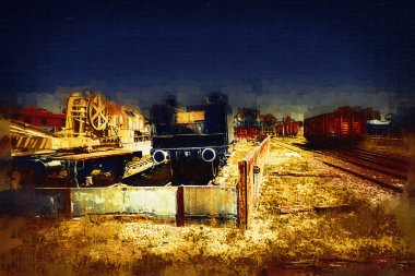 Demiryolu vinci, fotoğrafçılık, paslı, vagon, tren, sanat, illüstrasyon, çizim, eskiz, antika, retro, vintage.