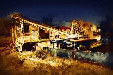 Demiryolu vinci, fotoğrafçılık, paslı, vagon, tren, sanat, illüstrasyon, çizim, eskiz, antika, retro, vintage.