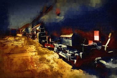 Kömür, tren, lokomotif, buhar, fotoğraf, paslı, vagon, tren, sanat, illüstrasyon, çizim, eskiz, antika, antika, antika, antika.