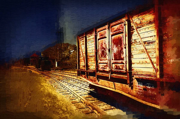 Vecchia Ferrovia Carro Merci Treno Arte Illustrazione Disegno Schizzo Antico — Foto Stock