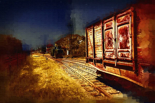 Velho Vagão Transporte Ferroviário Trem Arte Illust Puxando Esboço Antiguidade — Fotografia de Stock