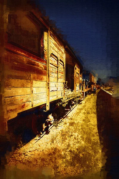 Velho Vagão Transporte Ferroviário Trem Arte Illust Puxando Esboço Antiguidade — Fotografia de Stock