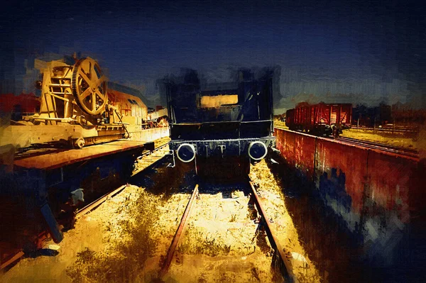 Grúa Ferroviaria Fotografía Oxidado Vagón Tren Arte Ilustración Dibujo Boceto — Foto de Stock