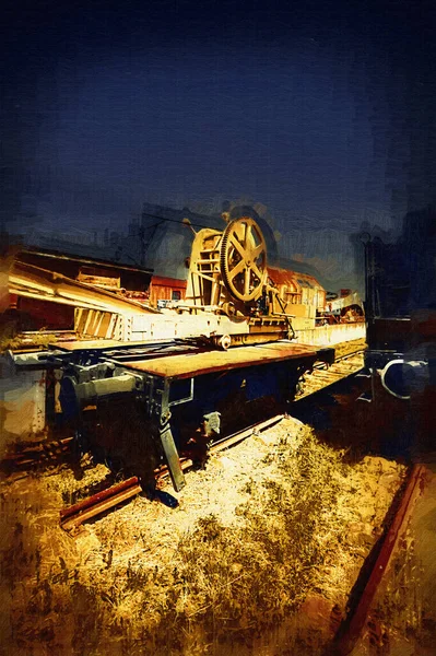 Eisenbahnkran Fotografie Rostig Wagen Zug Kunst Illustration Zeichnung Skizze Antik — Stockfoto
