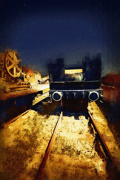 Grúa Ferroviaria Fotografía Oxidado Vagón Tren Arte Ilustración Dibujo Boceto —  Fotos de Stock