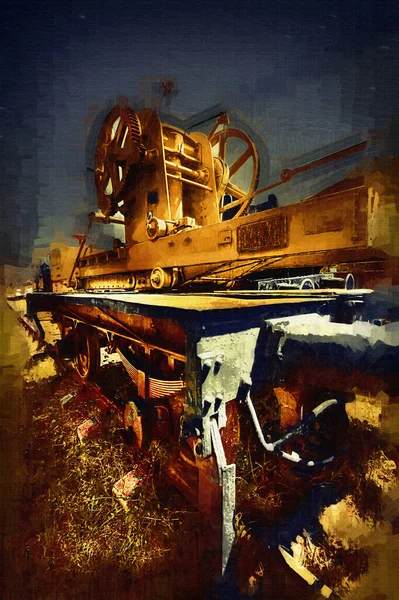 Spoorwegkraan Fotografie Roestig Wagen Trein Kunst Illustratie Tekening Schets Antiek — Stockfoto