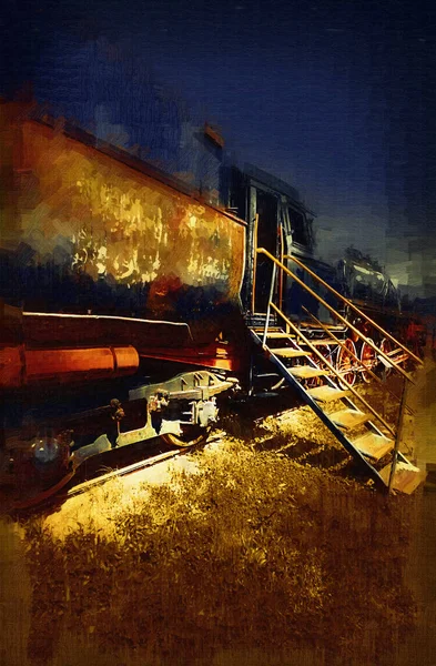 Carbón Vegetal Tren Locomotora Vapor Fotografía Oxidado Vagón Tren Arte — Foto de Stock