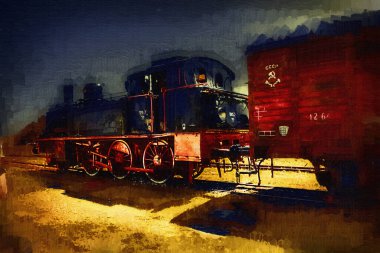 Küçük lokomotif, buhar, fotoğrafçılık, paslı, vagon, tren, sanat, illüstrasyon, çizim, eskiz, antika, retro, vintage.