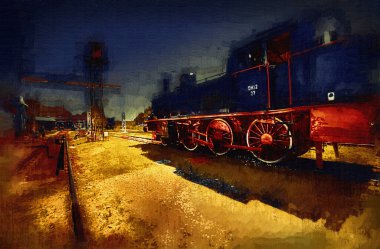Küçük lokomotif, buhar, fotoğrafçılık, paslı, vagon, tren, sanat, illüstrasyon, çizim, eskiz, antika, retro, vintage.